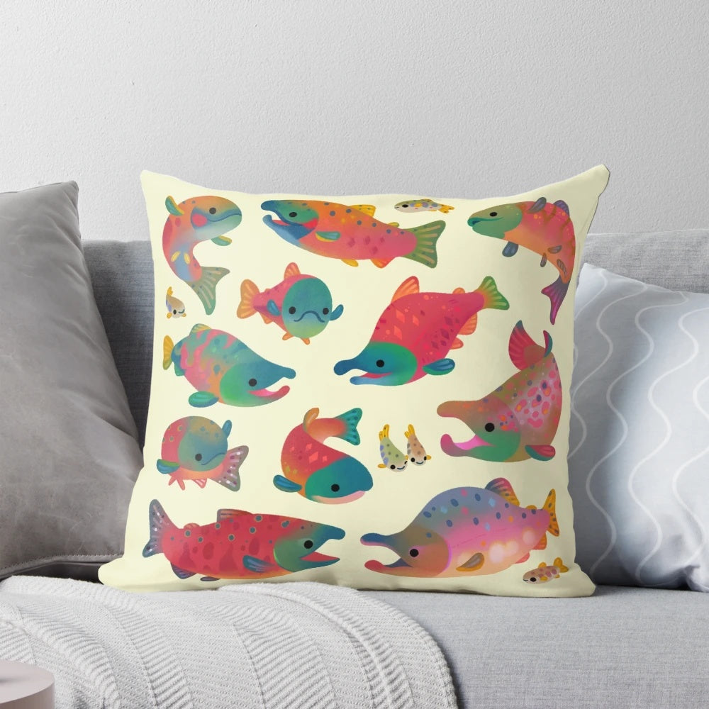 Salmon day-themed decorative pillow with various salmon and trout species