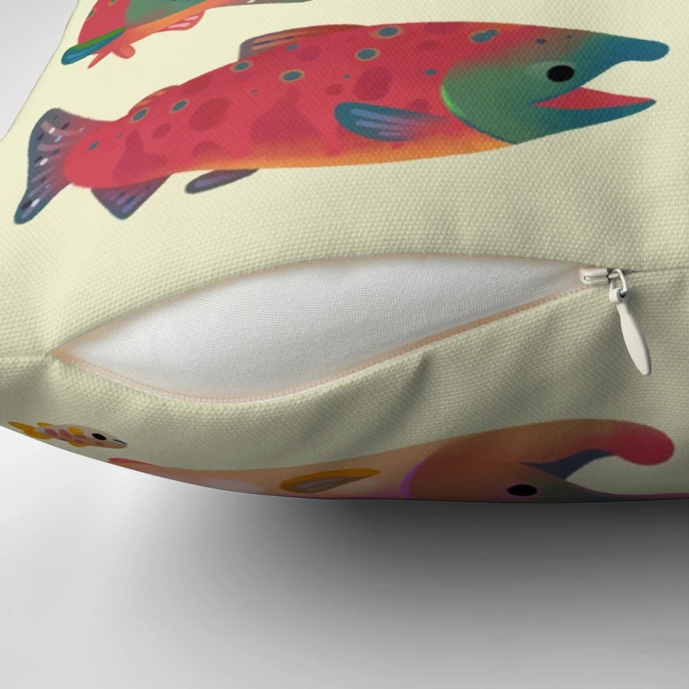 Salmon day-themed decorative pillow with various salmon and trout species