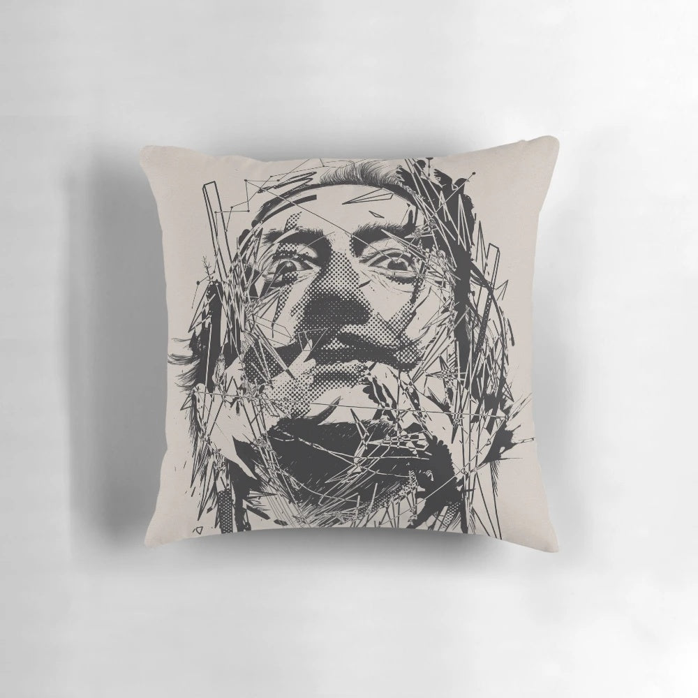 Graphically designed pillow featuring the iconic portrait and moustache of surrealist painter Salvador Dali