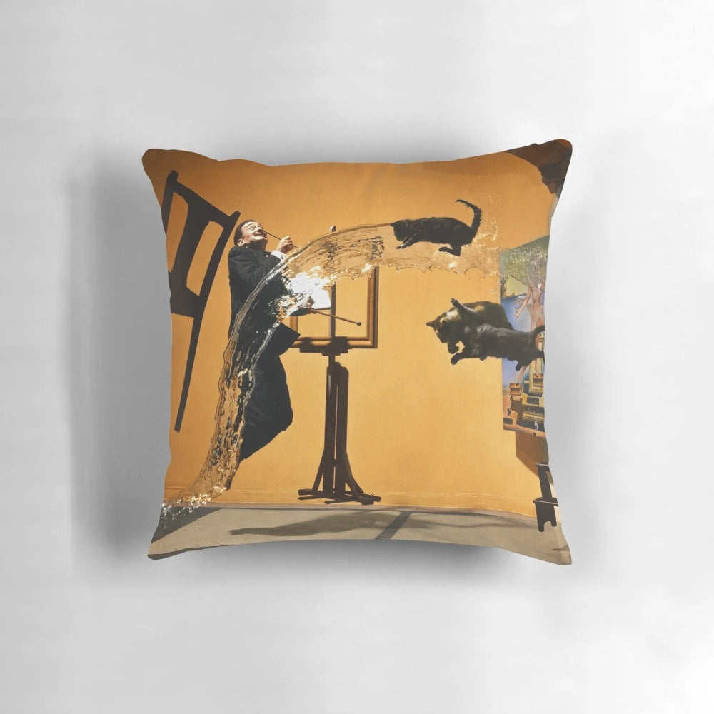 Colorful pillow featuring the iconic "Dali Atomicus" surreal photograph by famous photographer Philippe Halsman