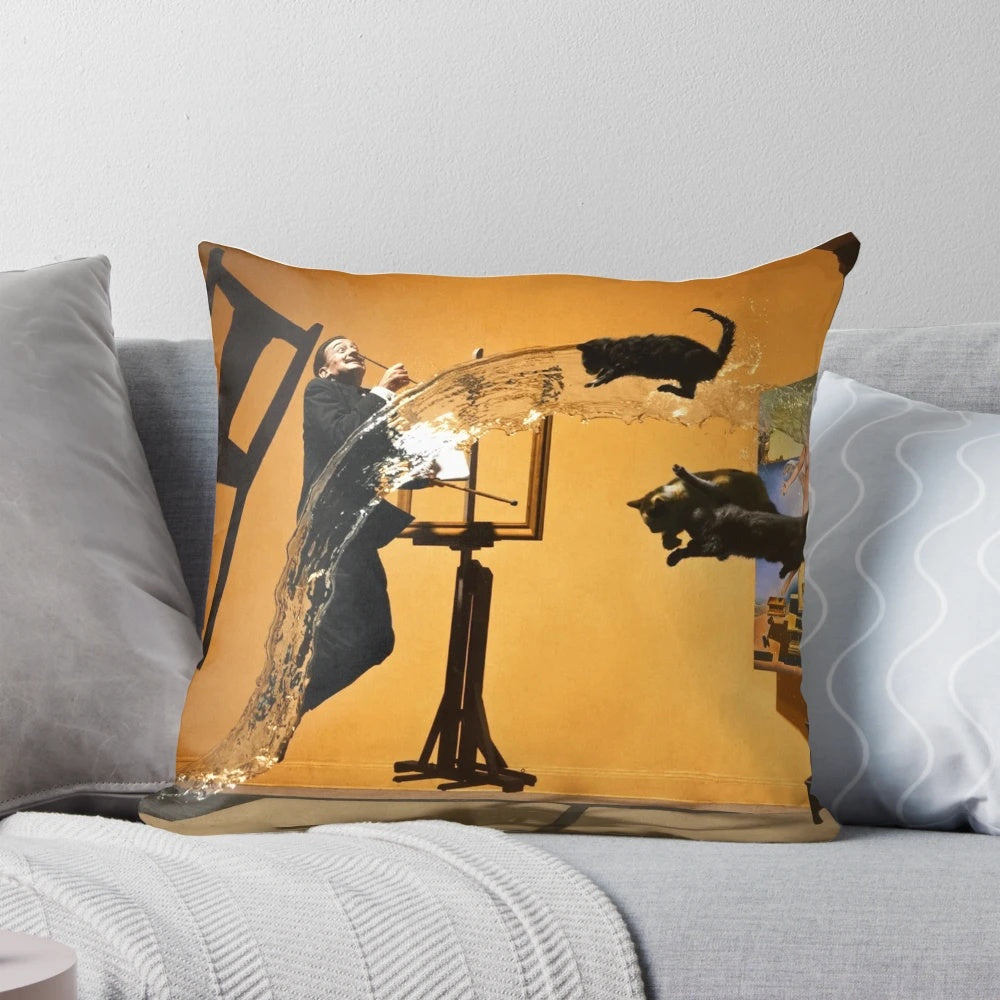 Colorful pillow featuring the iconic "Dali Atomicus" surreal photograph by famous photographer Philippe Halsman