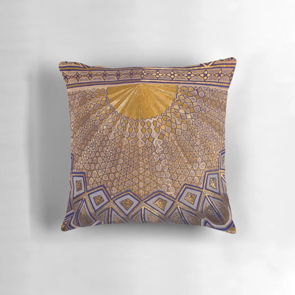 Decorative pillow featuring the intricately designed ceiling of the Amur Timur Mausoleum in Samarkand, Uzbekistan.