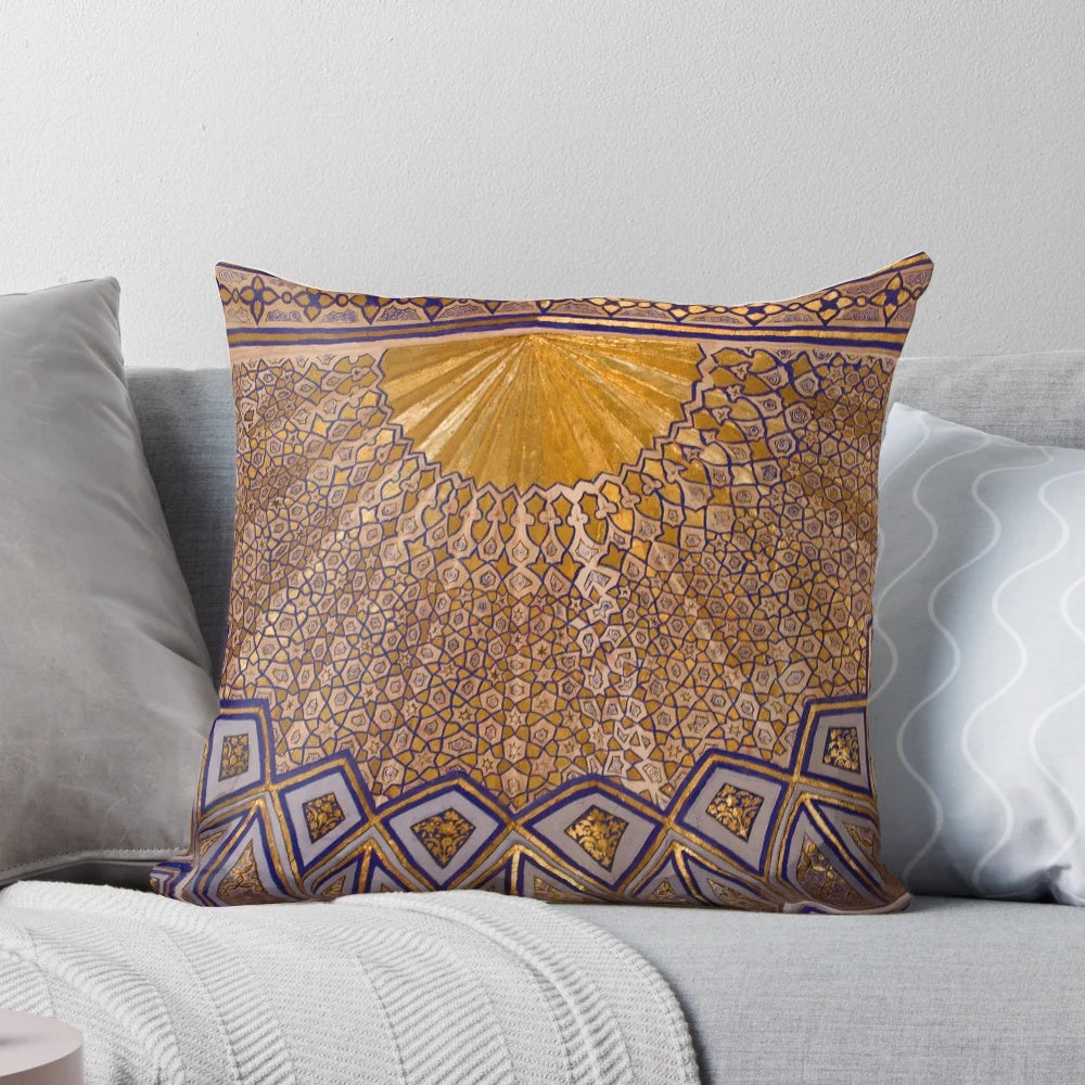 Decorative pillow featuring the intricately designed ceiling of the Amur Timur Mausoleum in Samarkand, Uzbekistan.