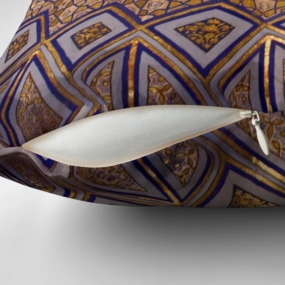 Decorative pillow featuring the intricately designed ceiling of the Amur Timur Mausoleum in Samarkand, Uzbekistan.