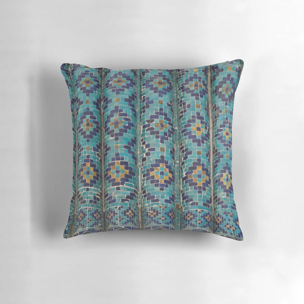 Decorative pillow featuring tiles from the Amur Timur Mausoleum in Samarkand, Uzbekistan along the historic Silk Road.
