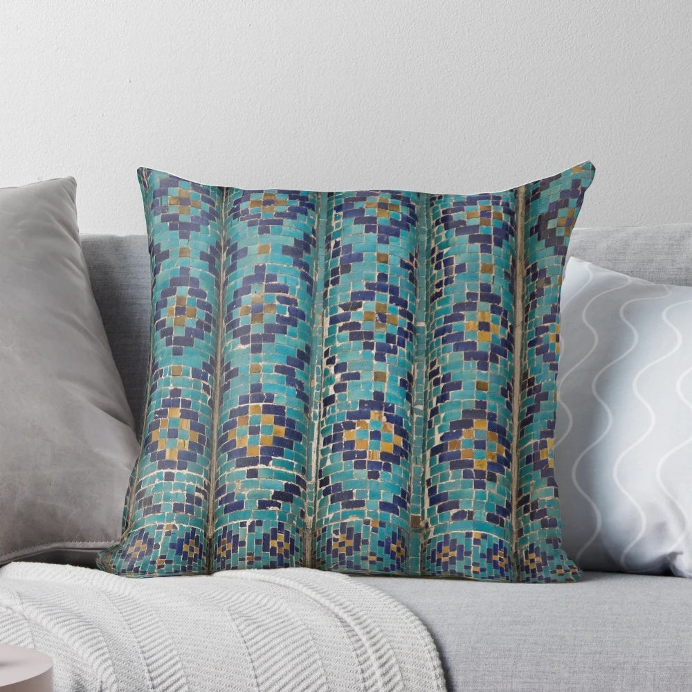 Decorative pillow featuring tiles from the Amur Timur Mausoleum in Samarkand, Uzbekistan along the historic Silk Road.