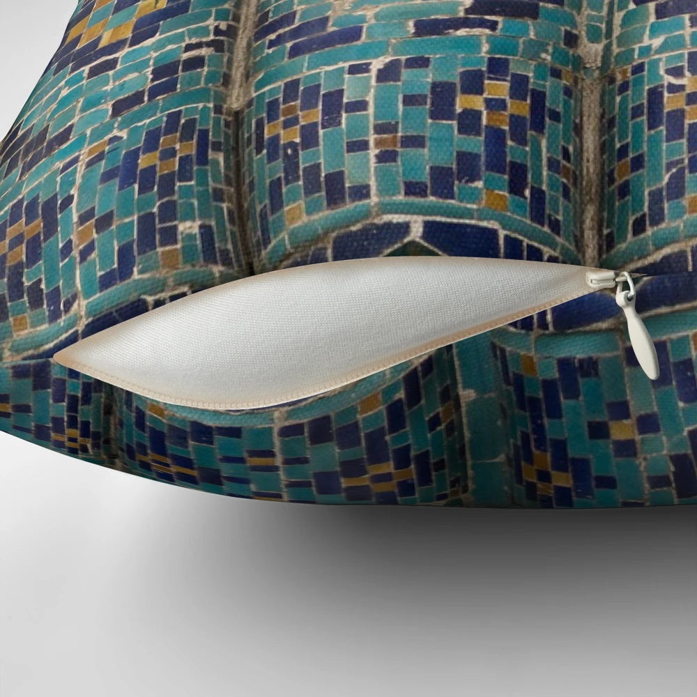 Decorative pillow featuring tiles from the Amur Timur Mausoleum in Samarkand, Uzbekistan along the historic Silk Road.