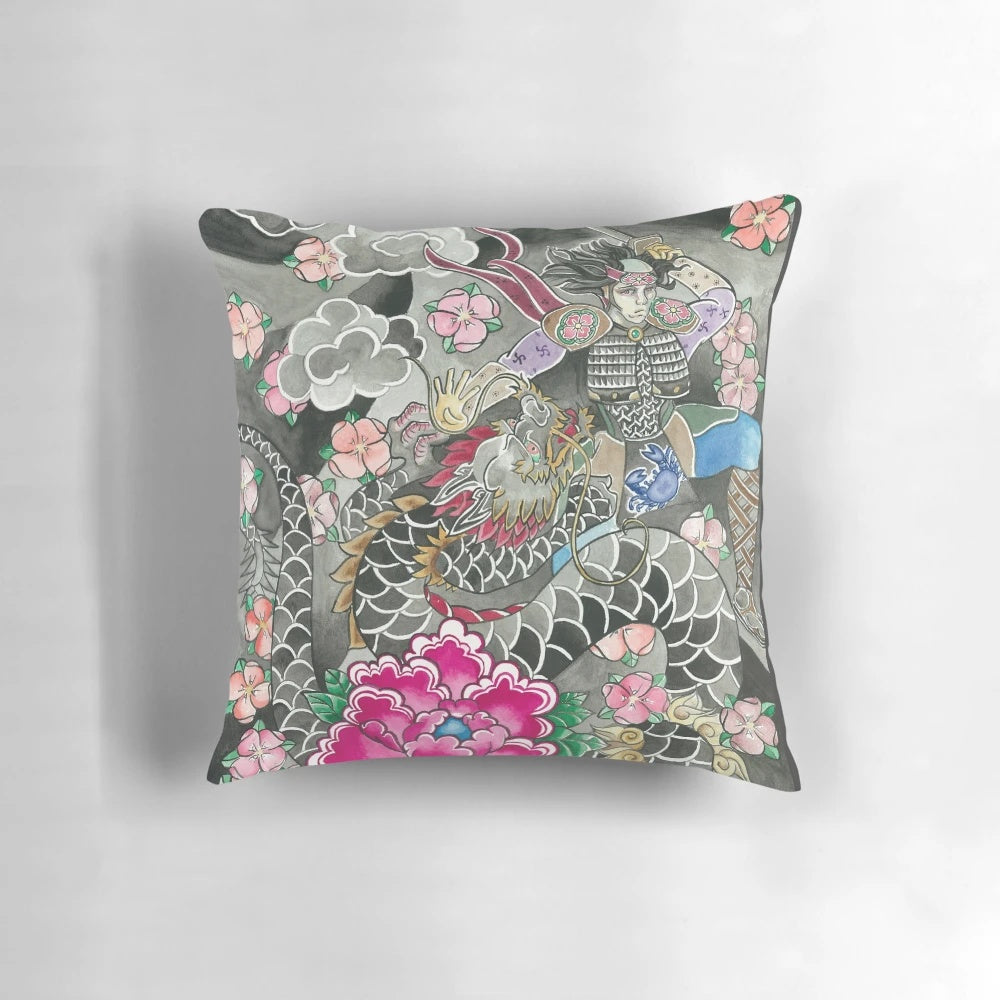 Decorative pillow featuring a vibrant watercolor-style illustration of a samurai and dragon against a backdrop of Japanese-inspired imagery.