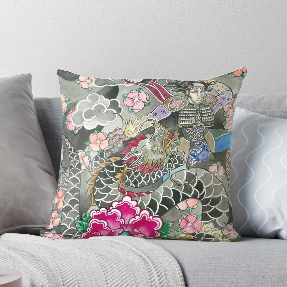 Decorative pillow featuring a vibrant watercolor-style illustration of a samurai and dragon against a backdrop of Japanese-inspired imagery.
