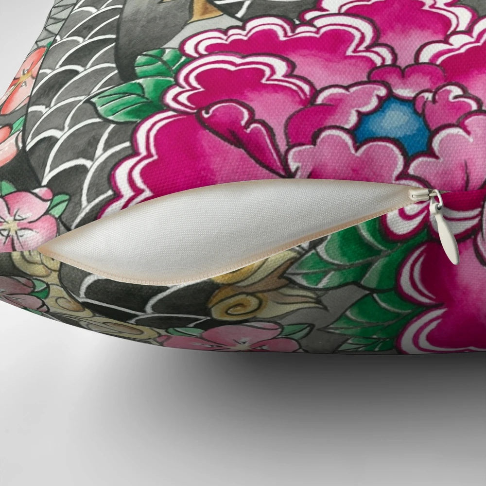 Decorative pillow featuring a vibrant watercolor-style illustration of a samurai and dragon against a backdrop of Japanese-inspired imagery.