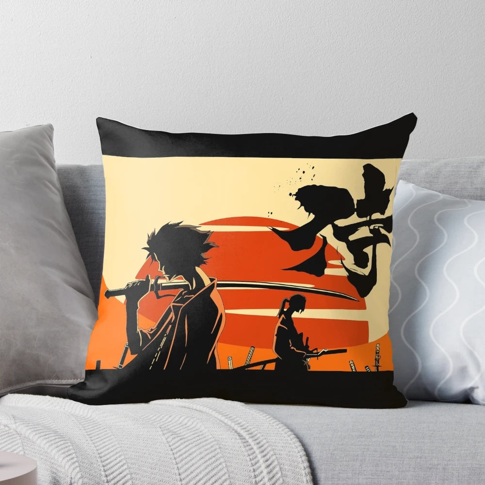 Vibrant Sunset Samurai Pillow featuring characters from the anime Samurai Champloo