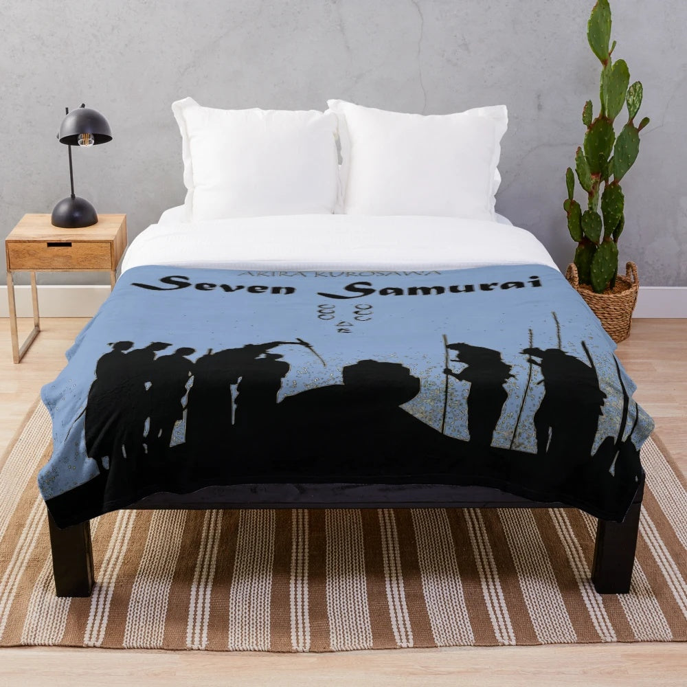 Samurai inspired plush blanket featuring iconic Japanese cinema imagery
