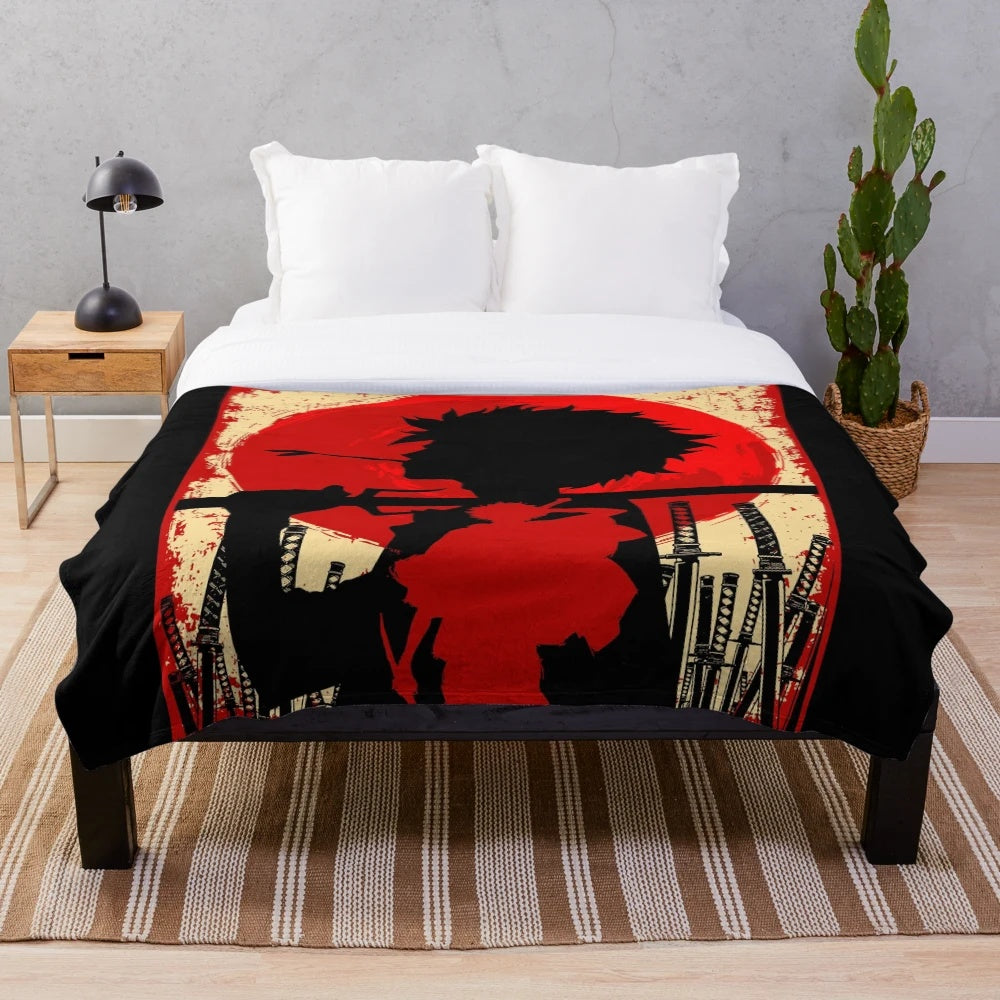 Samurai sunset plush blanket with anime characters