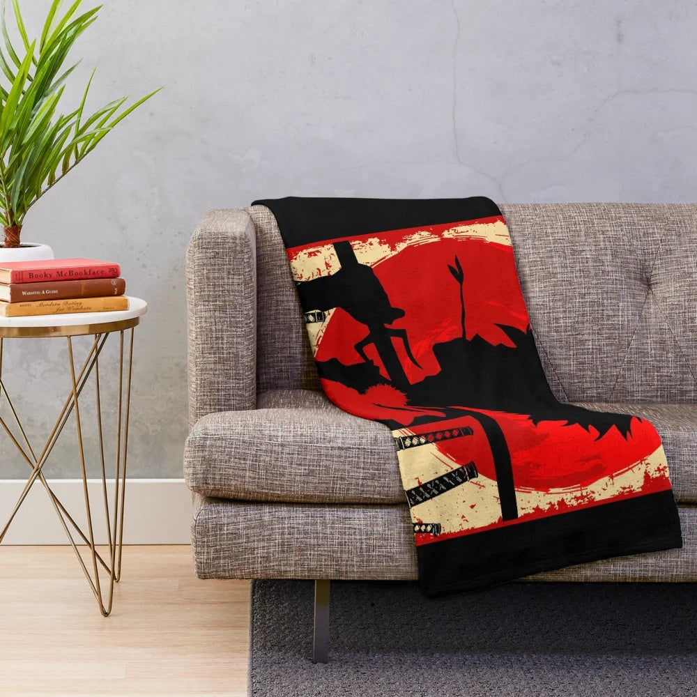 Samurai sunset plush blanket with anime characters