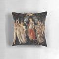 Decorative throw pillow featuring Sandro Botticelli's renowned "La Primavera" painting, a classic Renaissance allegory of spring.