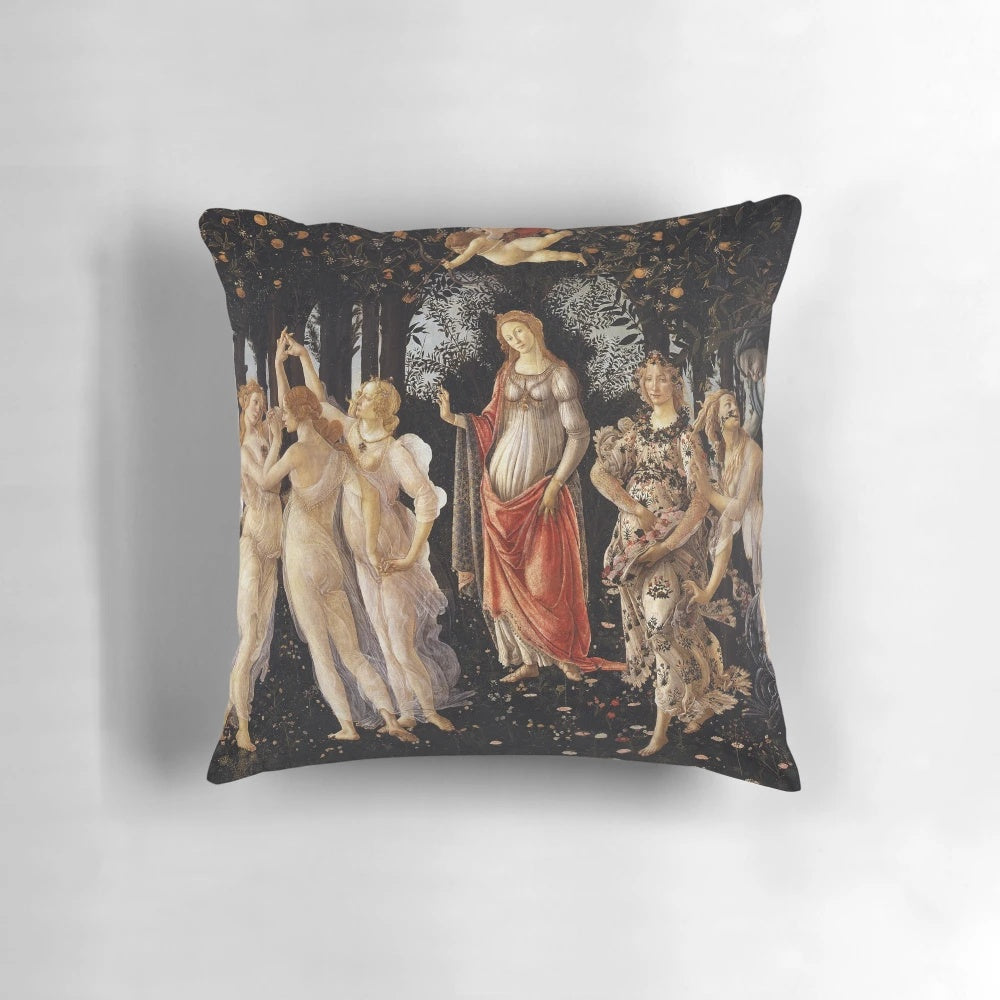 Decorative throw pillow featuring Sandro Botticelli's renowned "La Primavera" painting, a classic Renaissance allegory of spring.