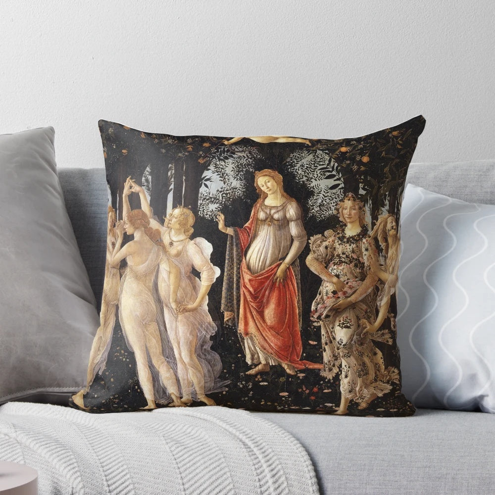 Decorative throw pillow featuring Sandro Botticelli's renowned "La Primavera" painting, a classic Renaissance allegory of spring.