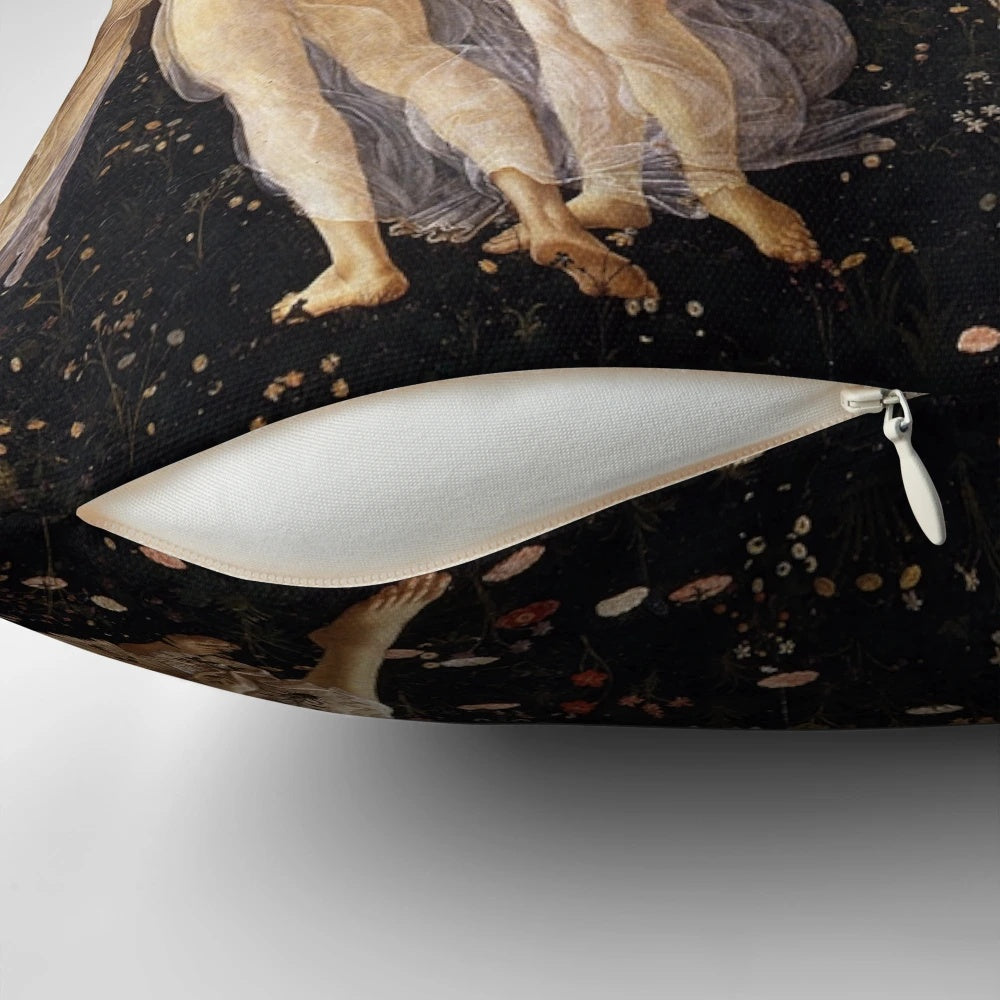 Decorative throw pillow featuring Sandro Botticelli's renowned "La Primavera" painting, a classic Renaissance allegory of spring.