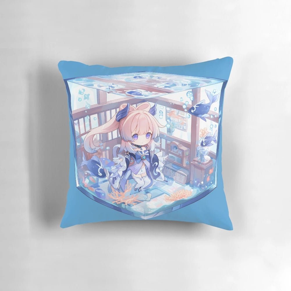 Sangonomiya Kokomi, a hydro mermaid girl from Genshin Impact, depicted in a cute chibi style on a terrarium-themed pillow.