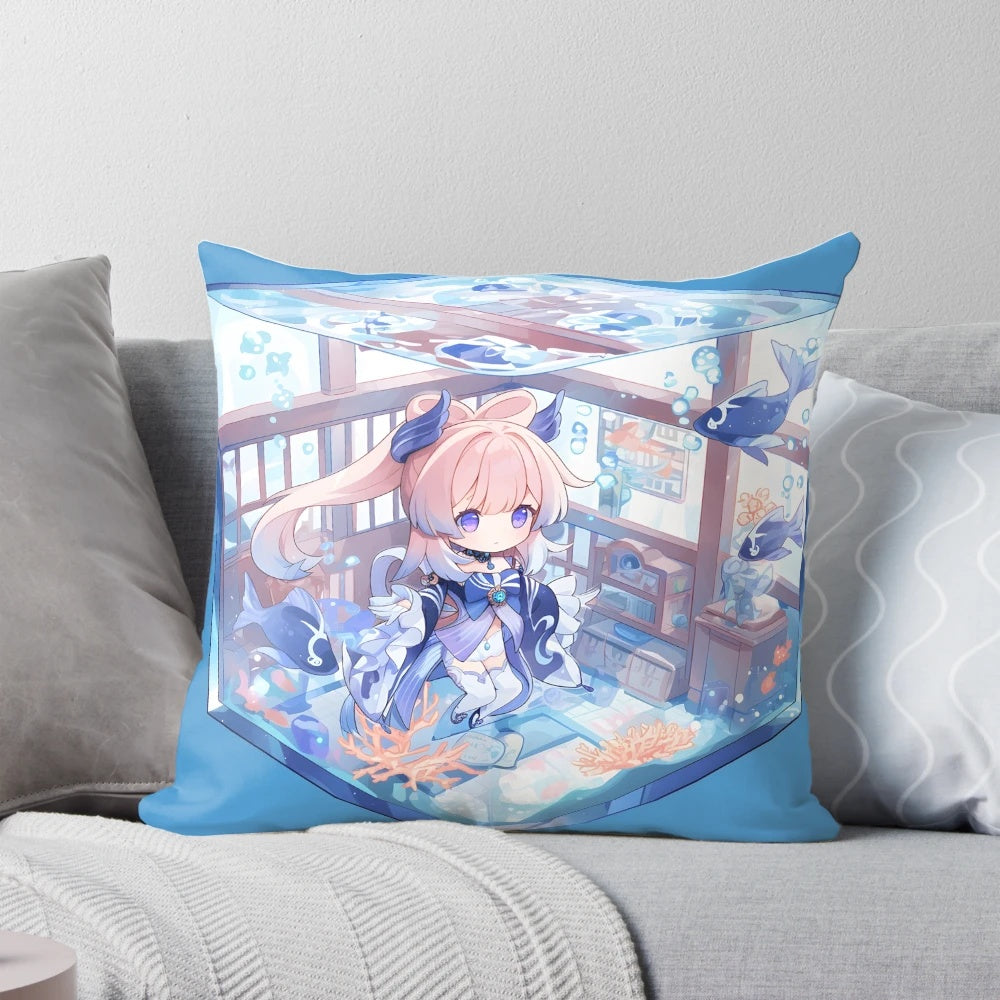Sangonomiya Kokomi, a hydro mermaid girl from Genshin Impact, depicted in a cute chibi style on a terrarium-themed pillow.