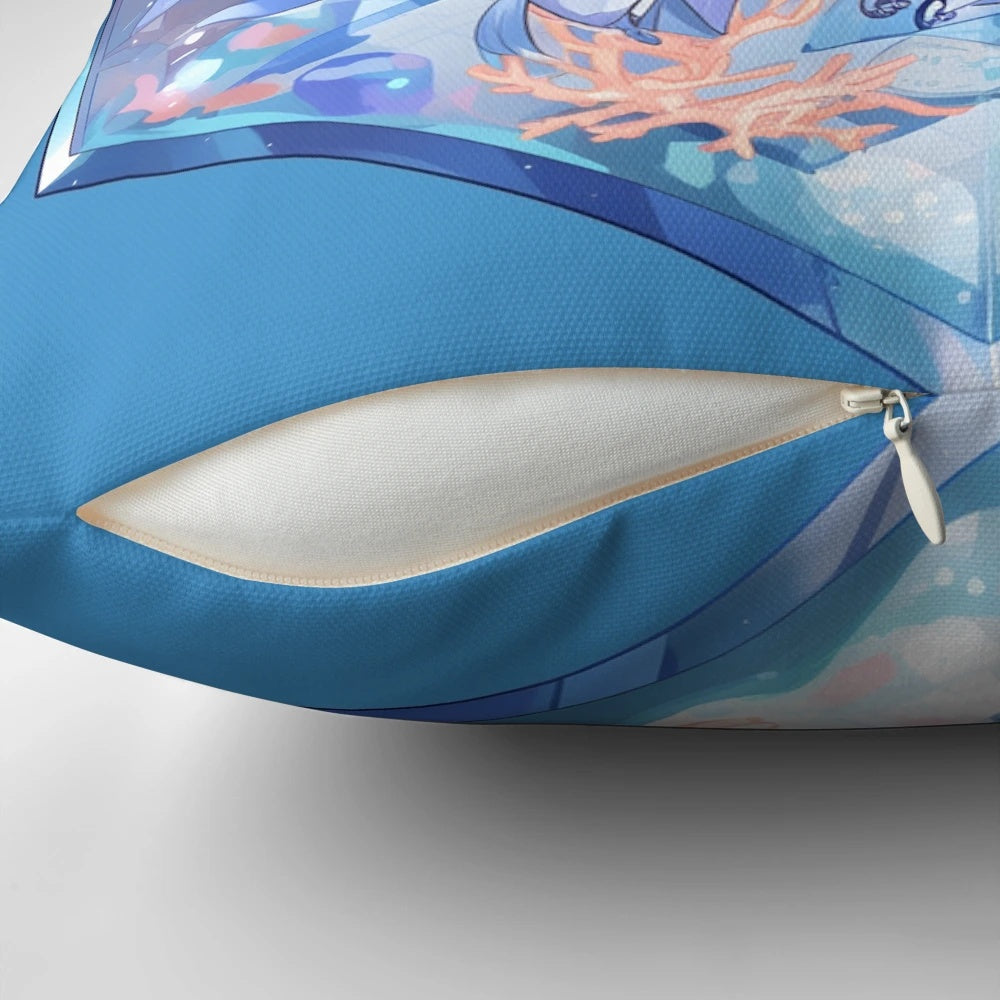 Sangonomiya Kokomi, a hydro mermaid girl from Genshin Impact, depicted in a cute chibi style on a terrarium-themed pillow.