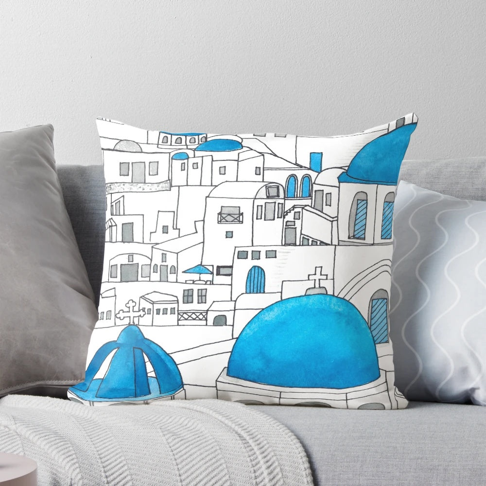 Santorini Blue and White Paradise Throw Pillow featuring an ink drawing and watercolor design of the iconic Greek island architecture.