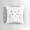 White pillow with a middle finger cat illustration, a sarcastic and humorous design