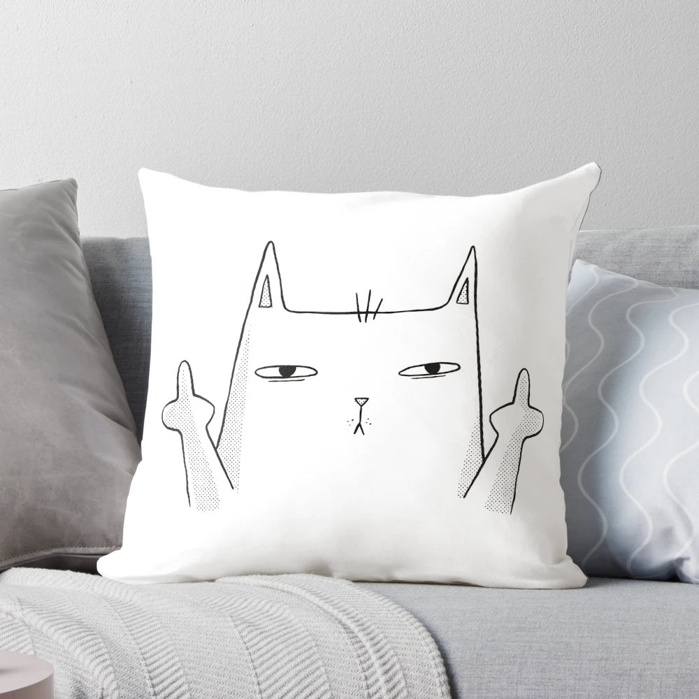 White pillow with a middle finger cat illustration, a sarcastic and humorous design