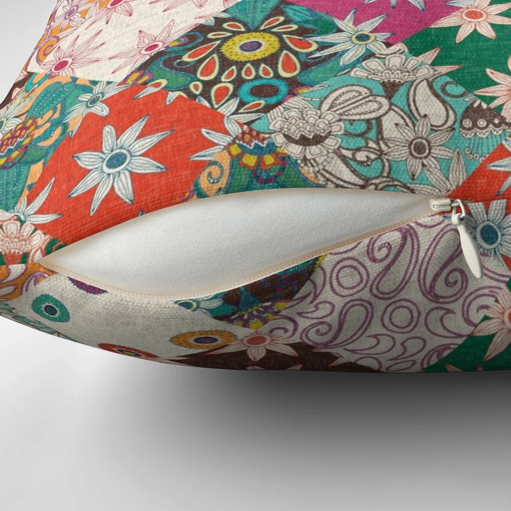Sarilmak patchwork pillow featuring a vibrant floral and bohemian design