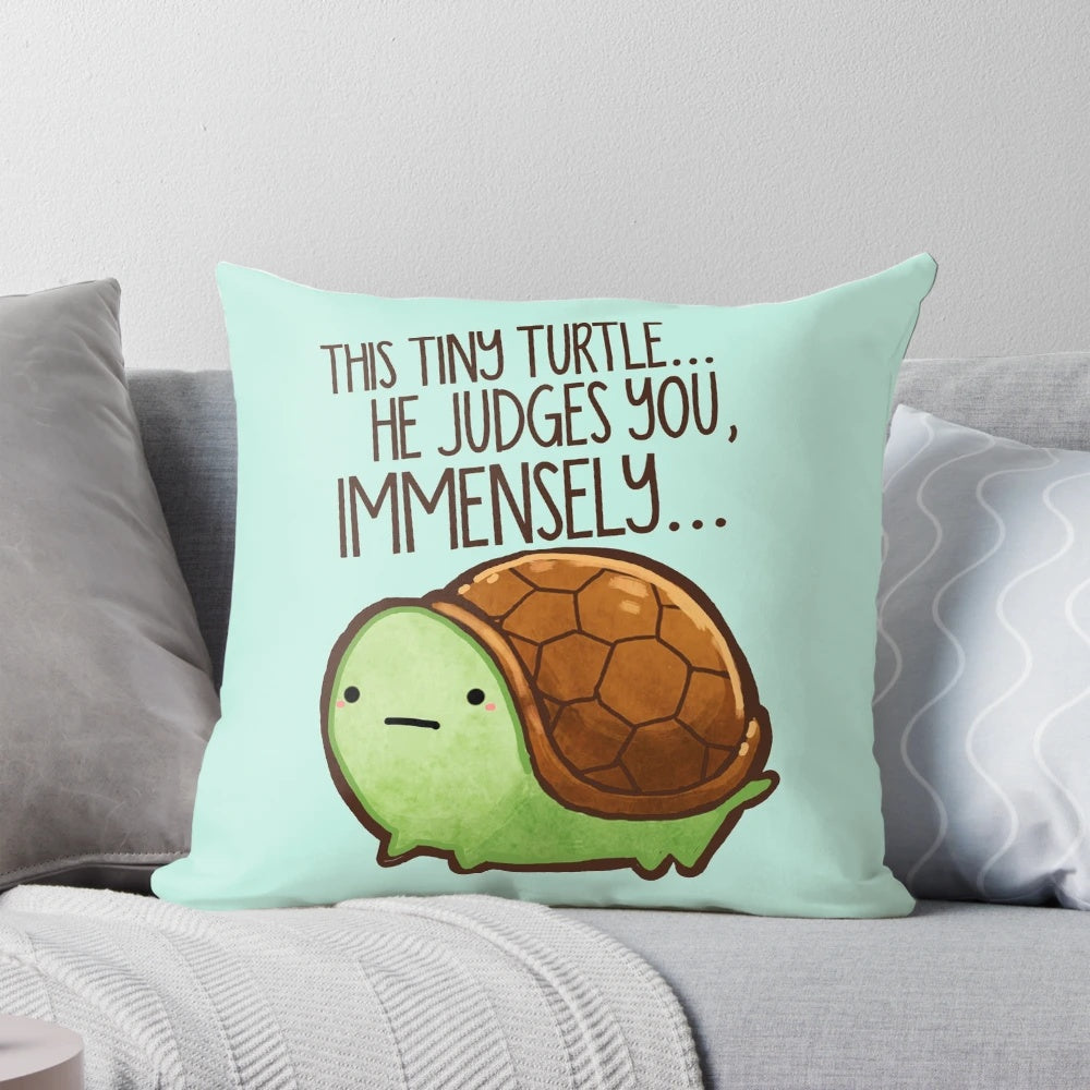 Sassy green turtle with a judgemental expression on a cozy throw pillow