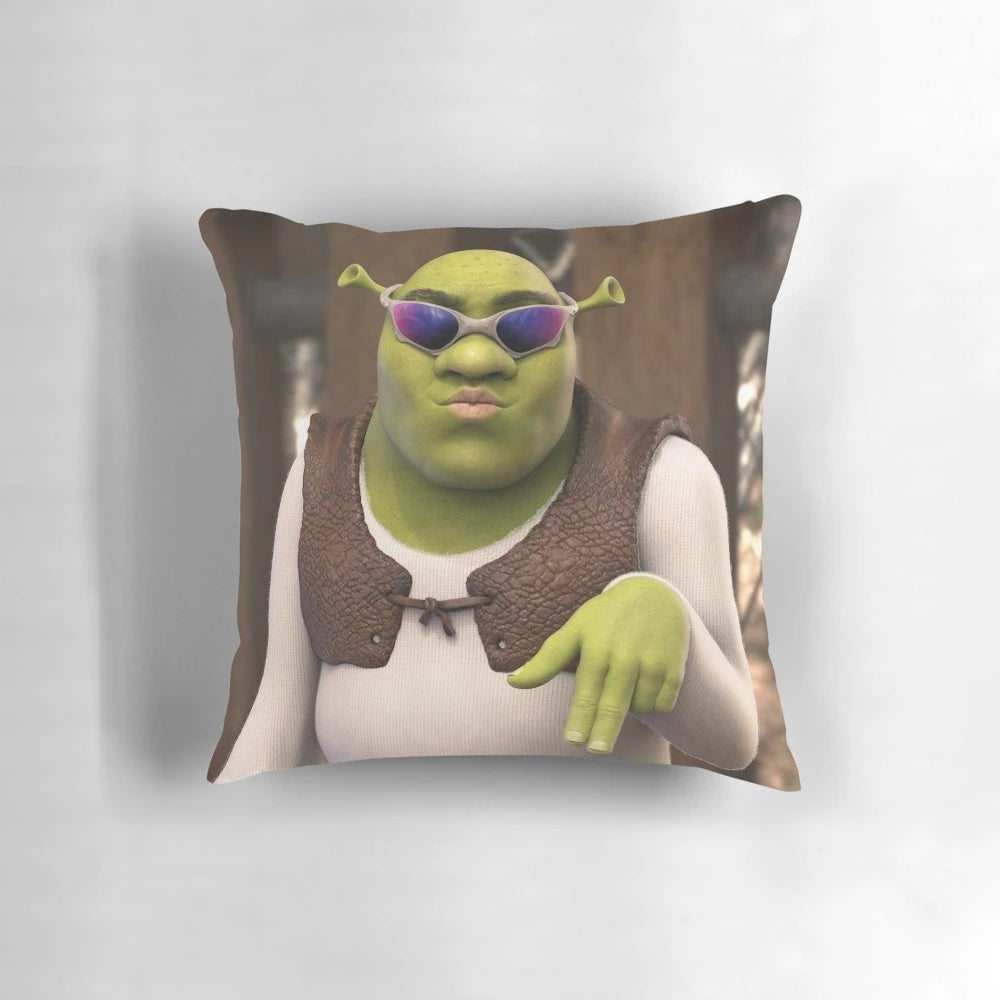 Sassy Shrek themed decorative throw pillow with glasses, featuring a humorous and vibrant design.