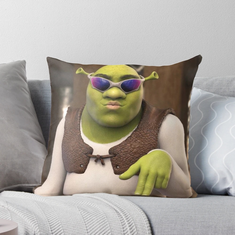 Sassy Shrek themed decorative throw pillow with glasses, featuring a humorous and vibrant design.