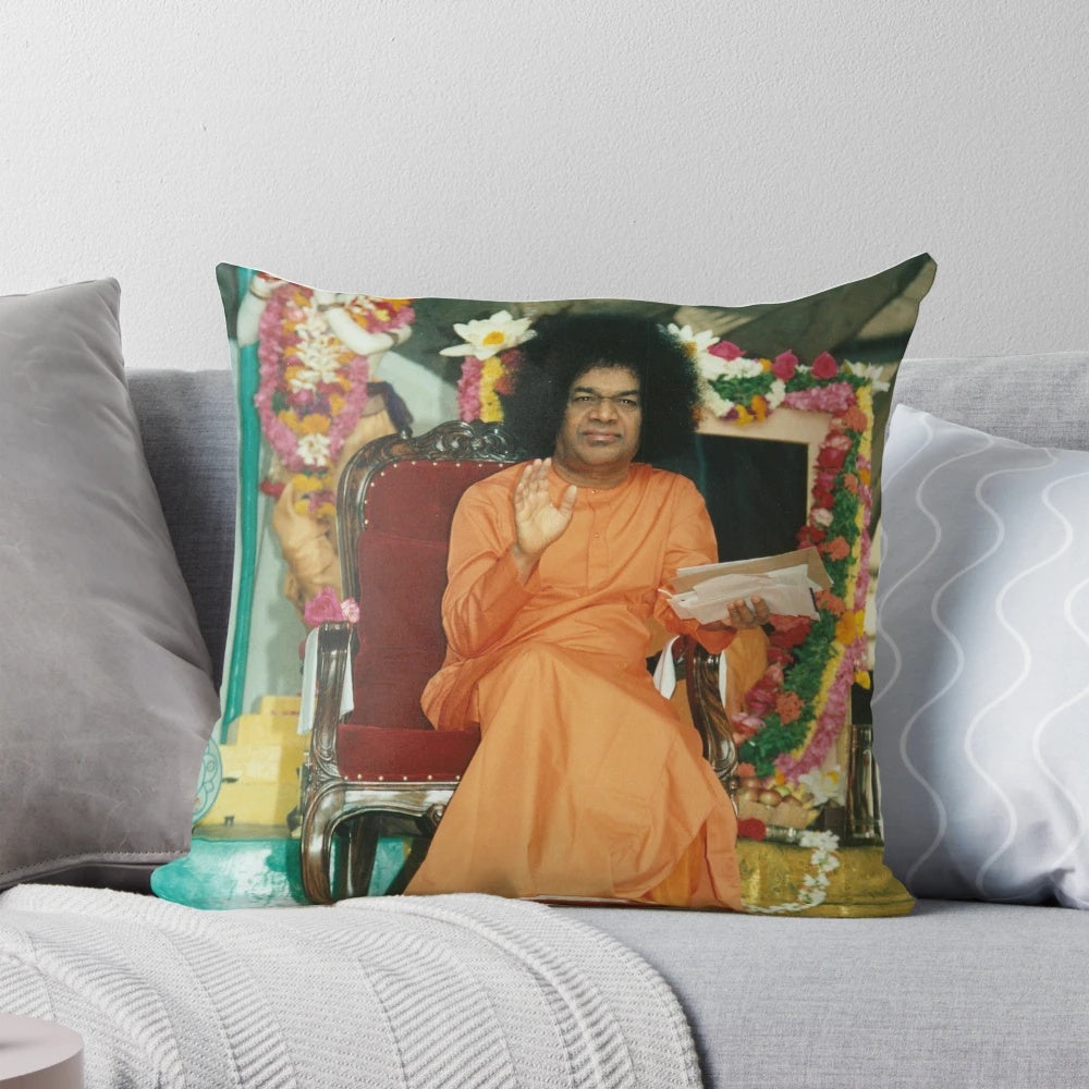 Sathya Sai Baba sitting in a meditation pose, printed on a high-quality pillow
