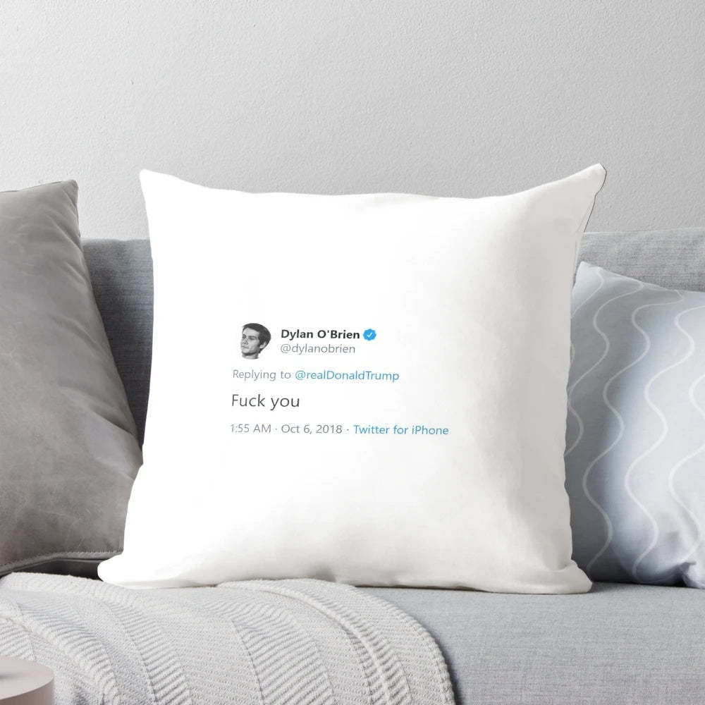 Dylan O'Brien themed pillow design with political commentary