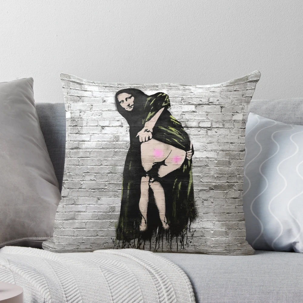 Satirical Mona Lisa throw pillow featuring a modern, graffiti-inspired design