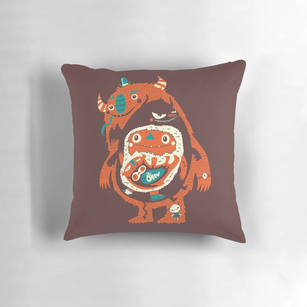 Cute and playful 'You Are Who You Eat!' monster-themed pillow design