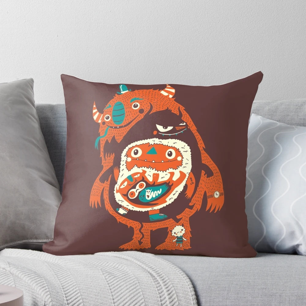 Cute and playful 'You Are Who You Eat!' monster-themed pillow design