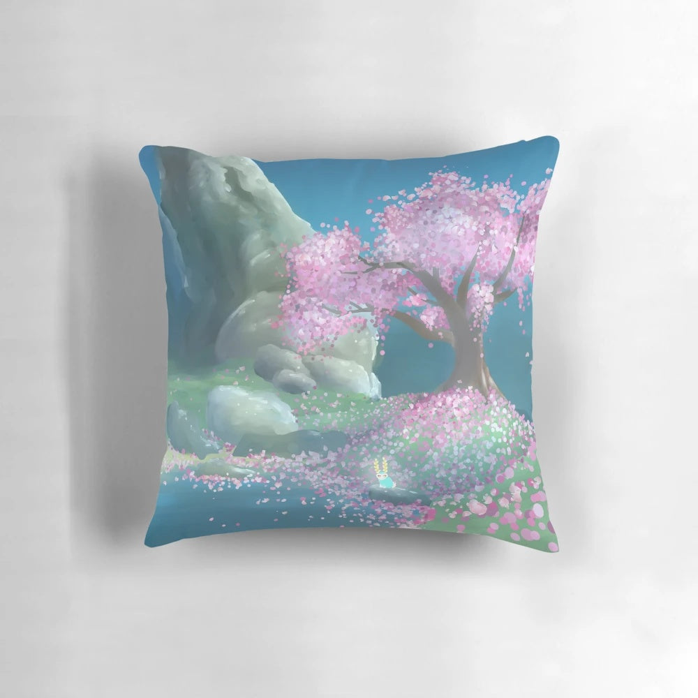 Satori Mountain-inspired pillow with Zelda artwork and nature-inspired design