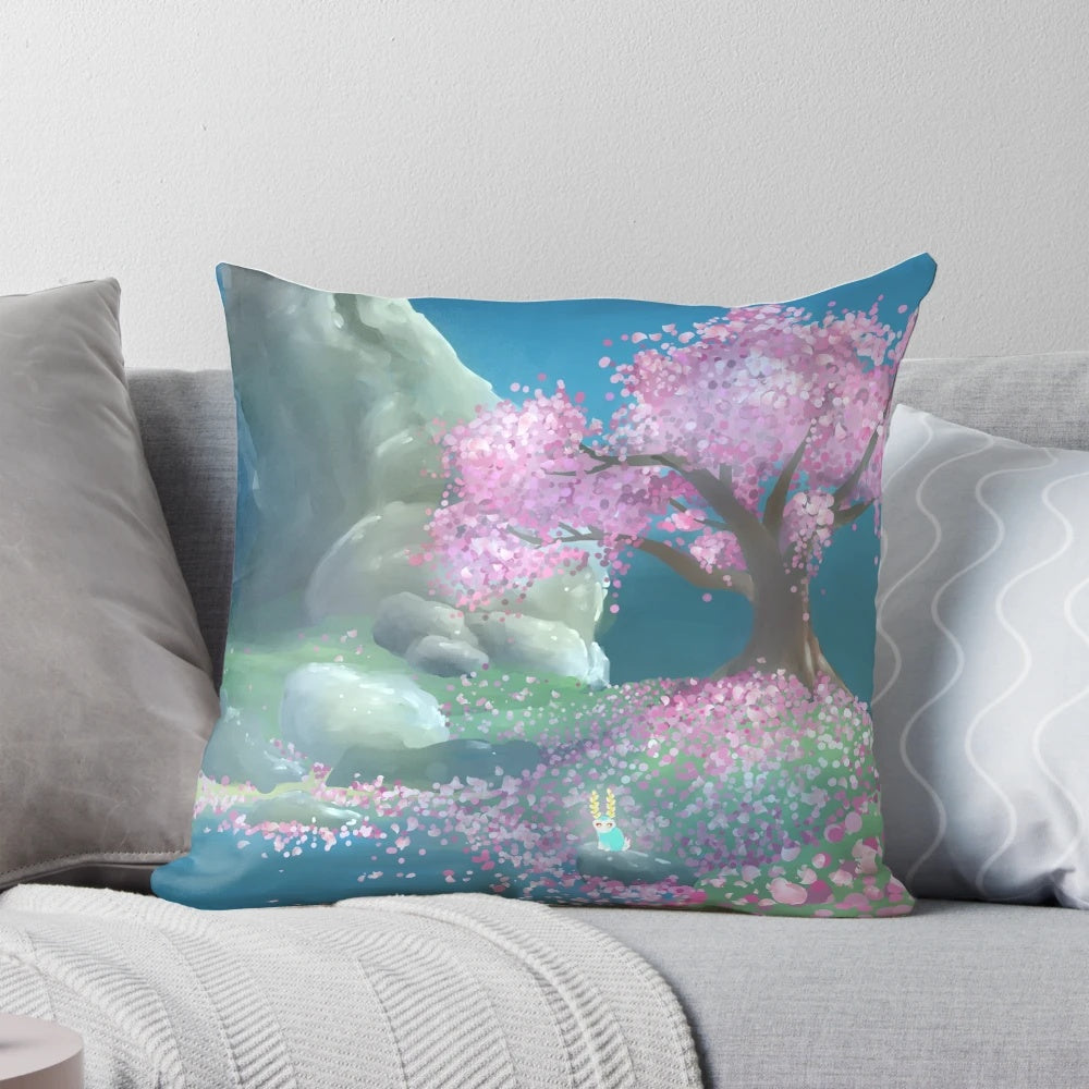 Satori Mountain-inspired pillow with Zelda artwork and nature-inspired design