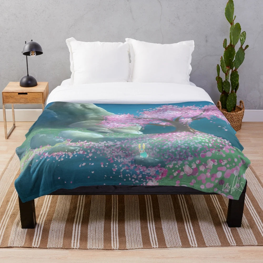 Satori Mountain inspired plush blanket with video game art design