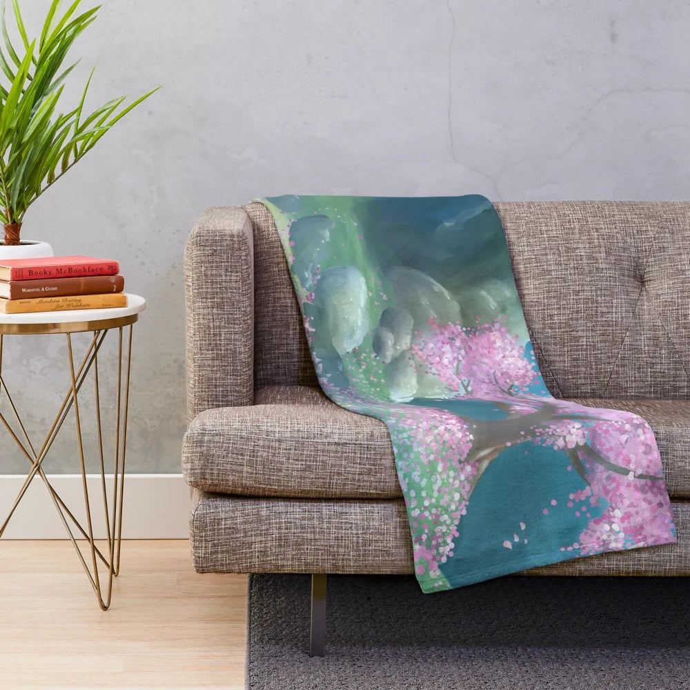 Satori Mountain inspired plush blanket with video game art design