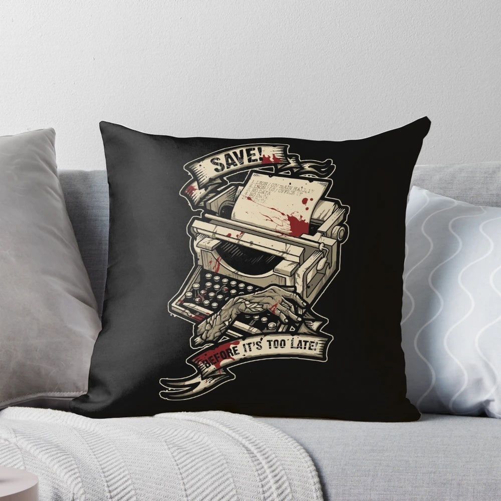 Save Point Pillow featuring iconic videogame design elements like a typewriter and zombies