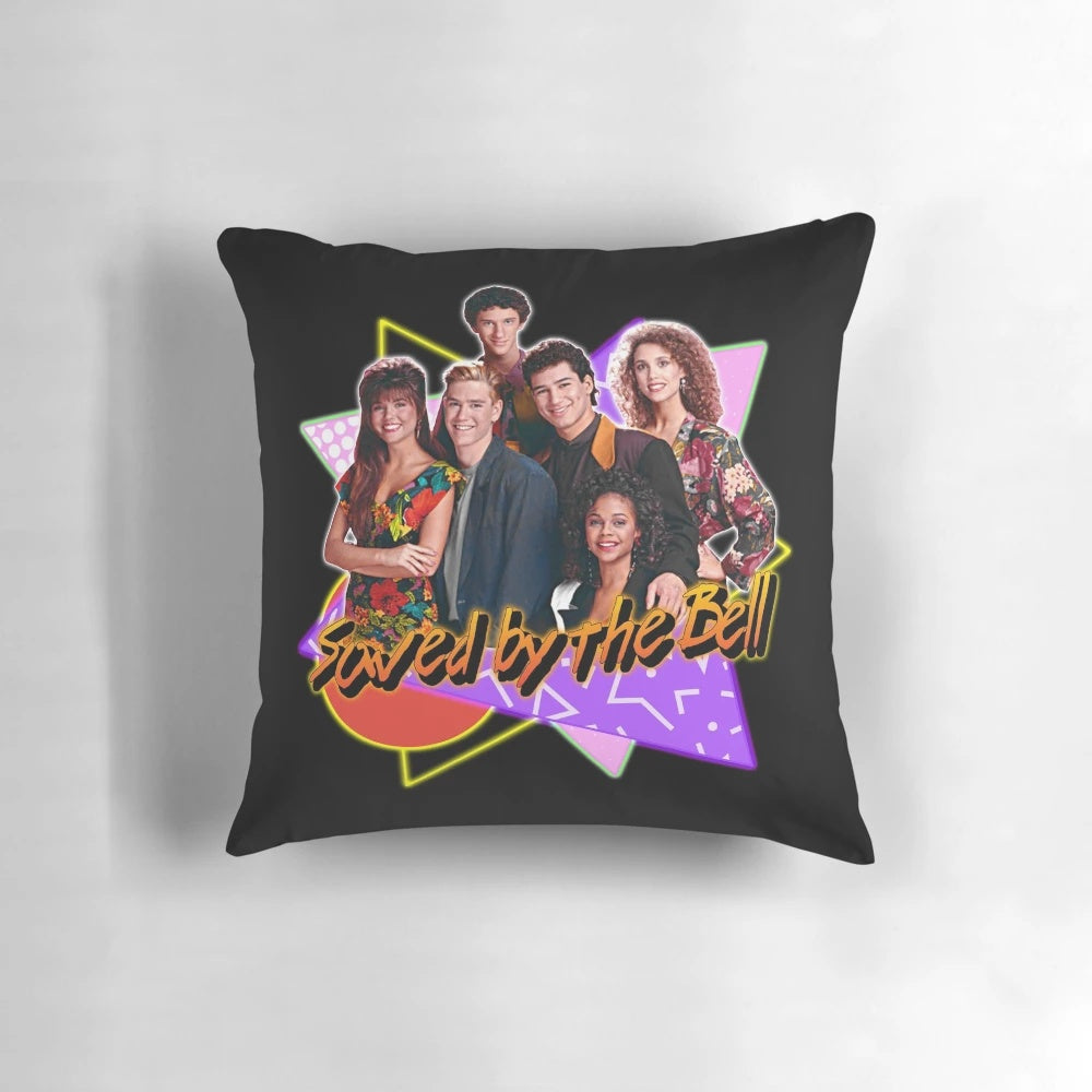 Colorful Saved By The Bell themed throw pillow with 90s style graphics