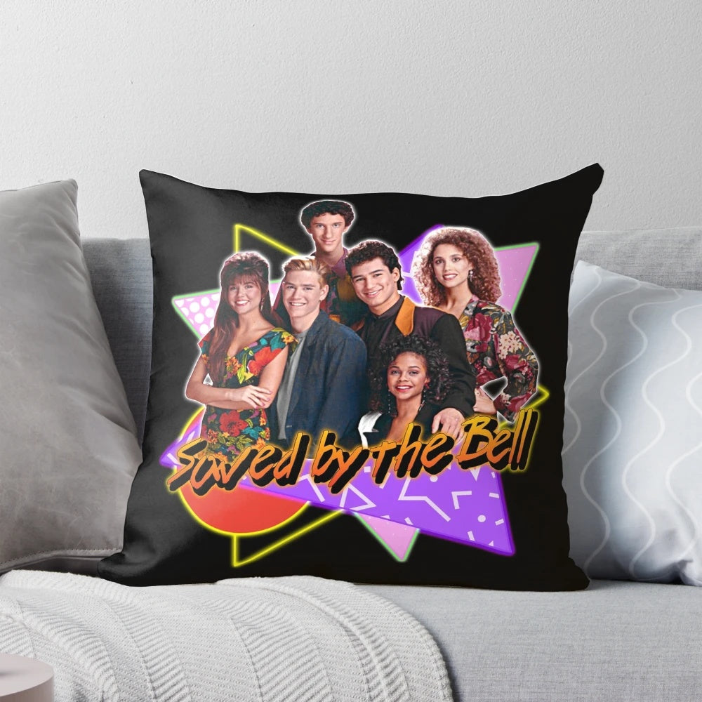 Colorful Saved By The Bell themed throw pillow with 90s style graphics