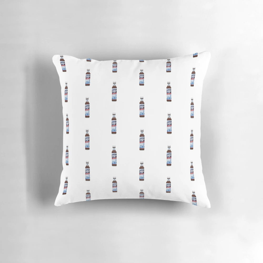 Brown sauce themed novelty pillow with HP sauce branding