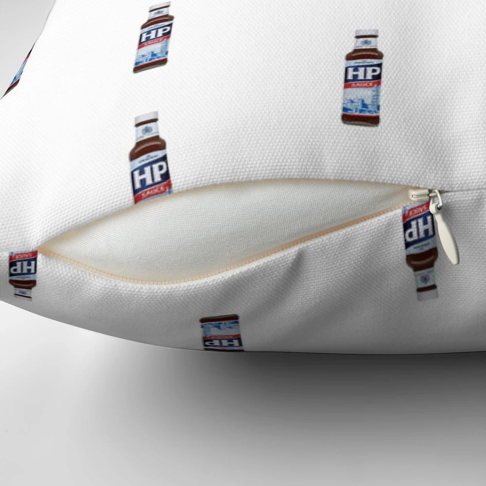 Brown sauce themed novelty pillow with HP sauce branding