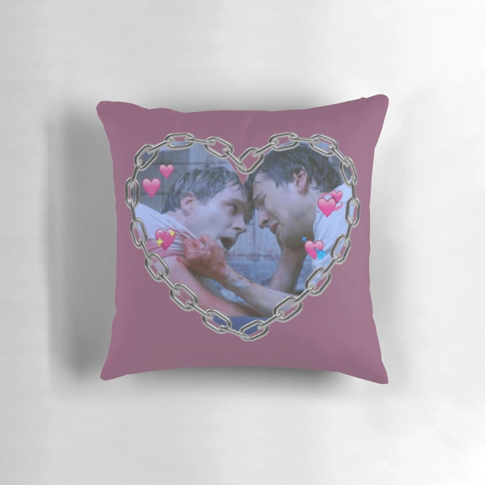 A soft and comfortable pillow featuring the characters Adam Stanheight and Lawrence Gordon from the 2004 horror movie Saw.