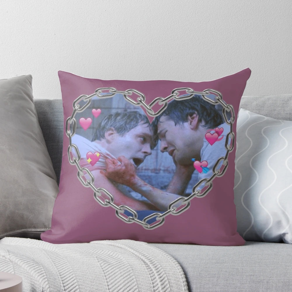 A soft and comfortable pillow featuring the characters Adam Stanheight and Lawrence Gordon from the 2004 horror movie Saw.