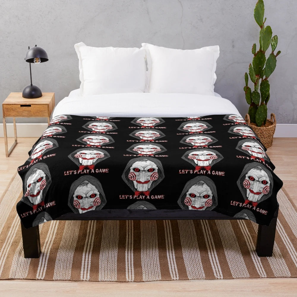 Saw horror movie fan art plush blanket with jigsaw puppet design