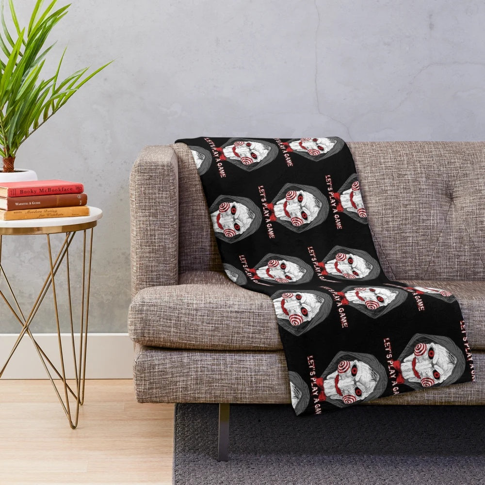 Saw horror movie fan art plush blanket with jigsaw puppet design